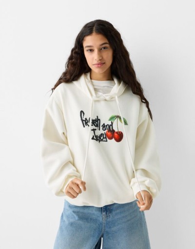 Bershka Desenli Kapüşonlu Sweatshirt Kadın L Krem