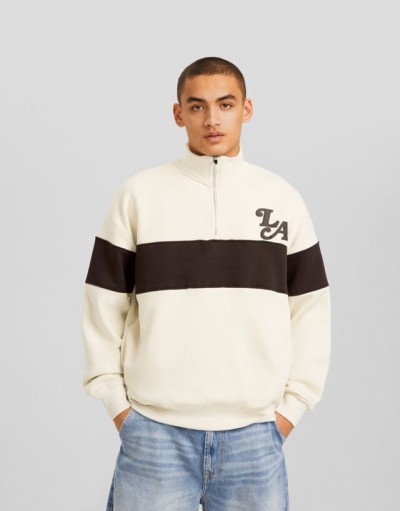 Bershka Fermuarlı Dik Yaka Sweatshirt Erkek M Kirli Beyaz