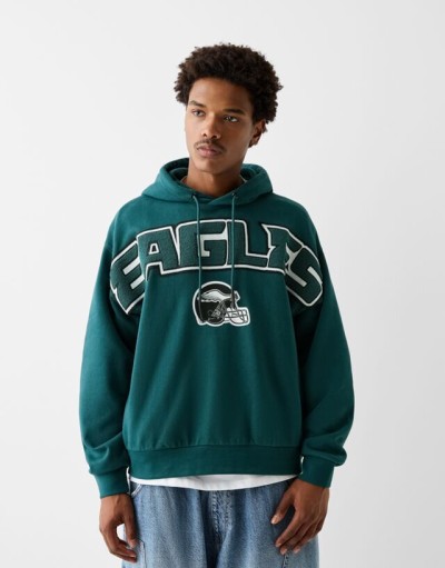 Bershka Nfl Baskılı Yamalı Kapüşonlu Sweatshirt Erkek M Yeşil