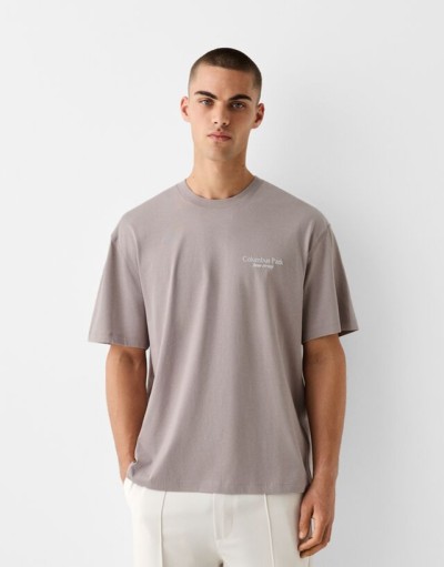 Bershka Desenli Kısa Kollu Boxy Fit T-shirt Erkek M Gri