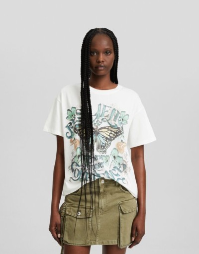 Bershka Desenli Kısa Kollu T-shirt Kadın S Kirli Beyaz