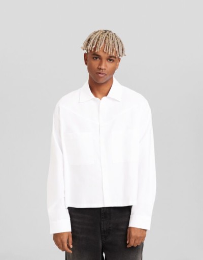 Bershka Crop Uzun Kollu Oxford Gömlek Erkek M Beyaz