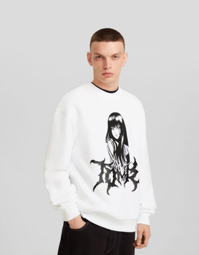 Bershka Junji O Collection Baskılı Sweatshirt Erkek L Beyaz