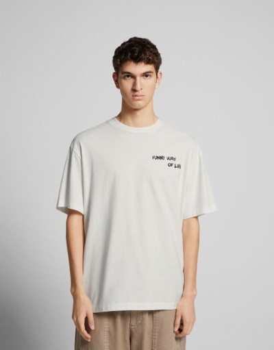 Bershka Çiçekli Kısa Kollu Boxy Fit T-shirt Erkek M Beyaz