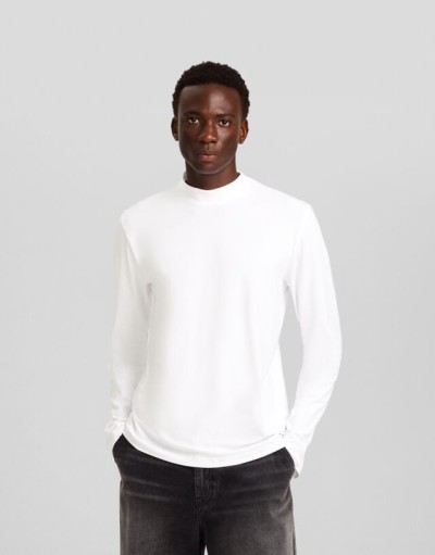 Bershka Dik Yaka Uzun Kollu T-shirt Erkek M Beyaz