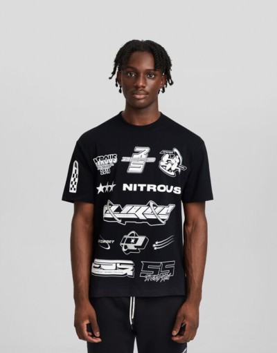 Bershka İşlemeli Kısa Kollu Yarış Temalı Kare Kesim T-shirt Erkek M Siyah