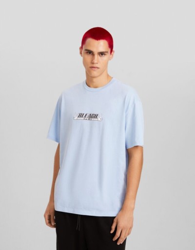 Bershka Yıkanmış Görünümlü Kare Kesim T-shirt Erkek M Açık Mavi