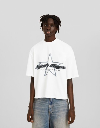 Bershka Kısa Kollu Parıltılı Desenli Crop T-shirt Erkek M Kirli Beyaz