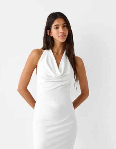 Bershka Halter Yaka Midi Elbise Kadın S Kirli Beyaz