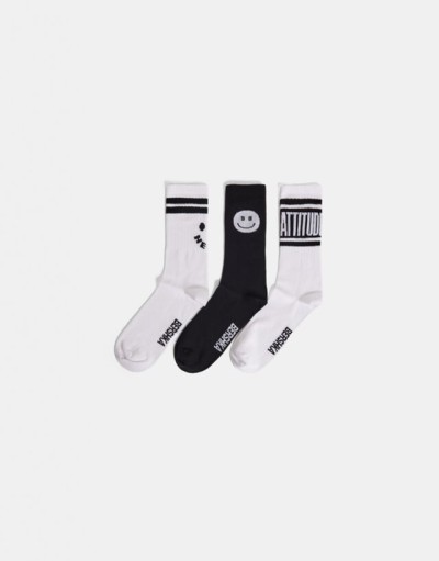Bershka 3’lü Desenli Çorap Paketi Erkek Beyaz