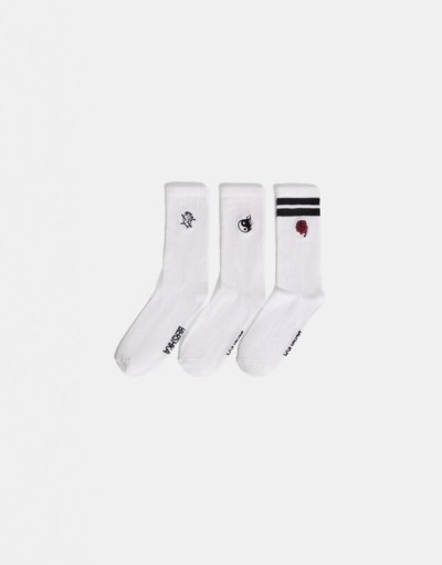 Bershka 3’lü Işlemeli Çorap Paketi Erkek Beyaz