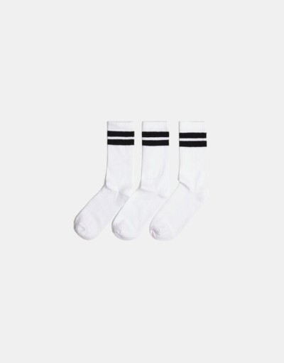Bershka 3’lü Çizgili Çorap Seti Erkek Beyaz