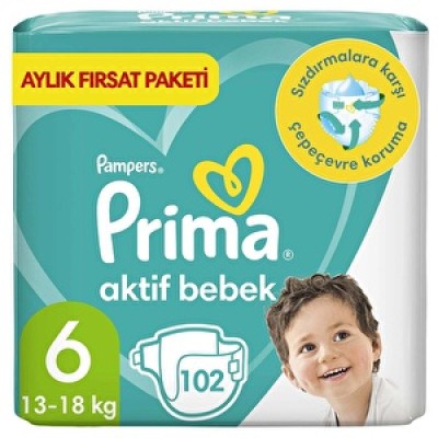 Prima Bebek Bezi Aktif Bebek 6 Beden 102 Adet Ekstra Large Aylık Paket