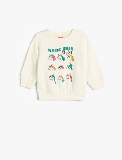 Koton Kız Bebek Unicorn Sweatshirt Uzun Kollu Bisiklet Yaka Şardonlu Pamuklu