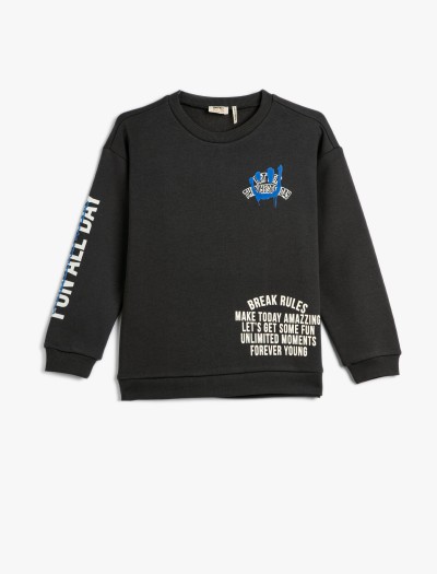 Koton Sweatshirt Uzun Kollu Bisiklet Yaka Slogan Baskılı Şardonlu