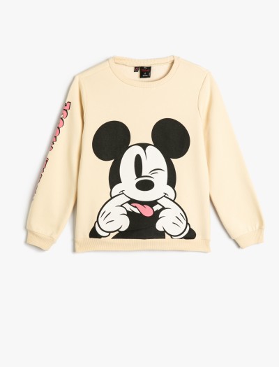 Koton Mickey Mouse Sweatshirt Lisanslı Uzun Kollu Bisiklet Yaka Şardonlu