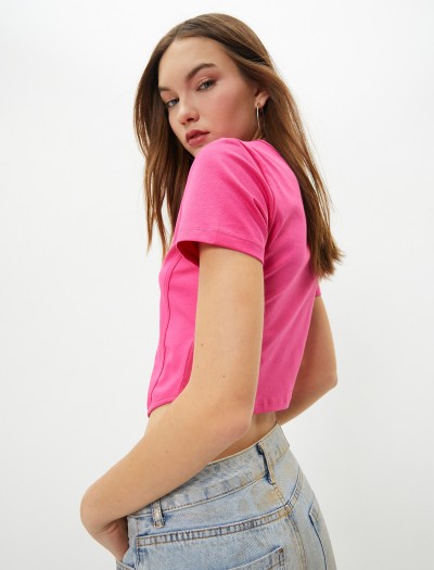 Koton Kadın Crop T-shirt Korse Görünümlü Dar Kalıp Kısa Kollu U Yaka Pamuklu