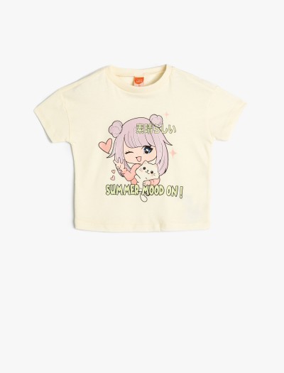 Koton Kız Bebek Anime T-shirt Kısa Kollu Bisiklet Yaka