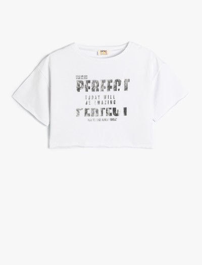 Koton Crop T-shirt Slogan Baskılı Kısa Kollu Bisiklet Yaka Pamuklu