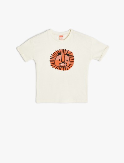 Koton Erkek Bebek T-shirt Aslan Baskılı Kısa Kollu Bisiklet Yaka Pamuklu