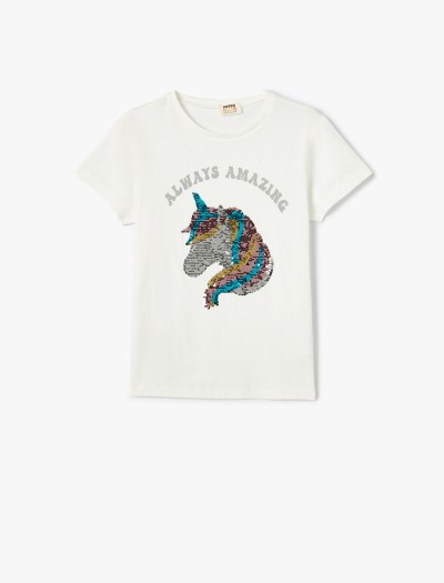 Koton Unicorn T-shirt Pullu Payetli Bisiklet Yaka Kısa Kollu Pamuklu