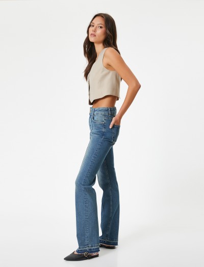 Koton Kadın Nervürlü İspanyol Paça Kot Pantolon Dar Kesim Cepli – Victoria Slim Flare Jeans