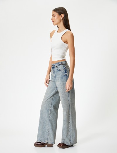 Koton Kadın Geniş Paça Kot Pantolon Standart Bel Cepli – Bianca Wide Leg Jeans