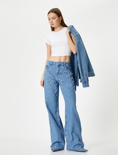 Koton Kadın Taşlı Kot Pantolon Geniş Paça Cepli Standart Bel – Bianca Wide Leg Jeans