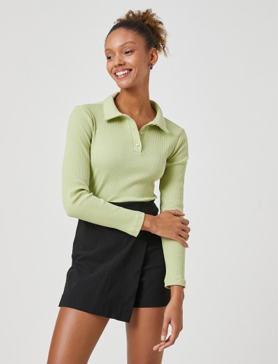 Koton Kadın Uzun Kollu T-shirt Polo Yaka Fitilli Düğme Detaylı Basic