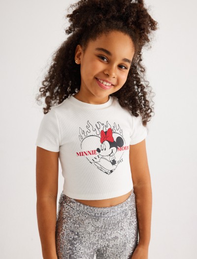 Koton Minnie Mouse Crop T-shirt Lisanslı Kısa Kollu Bisiklet Yaka