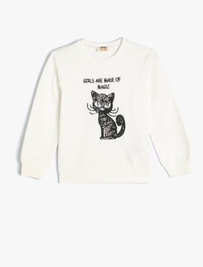 Koton Sweatshirt Kedi Baskılı Bisiklet Yaka Uzun Kollu Pamuklu