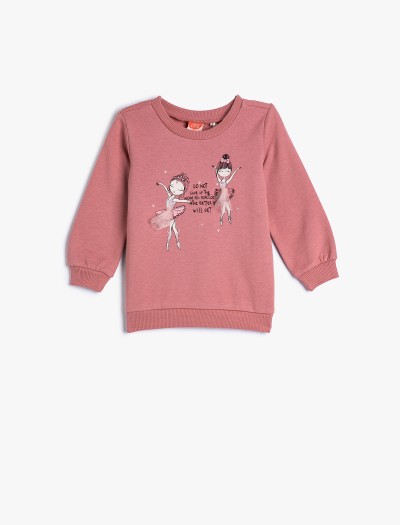 Koton Kız Bebek Sweatshirt Balerin Baskılı Uzun Kollu Şardonlu Pamuklu Bisiklet Yaka