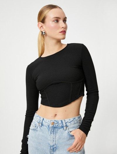 Koton Kadın Korse Detaylı Crop T-Shirt Uzun Kollu