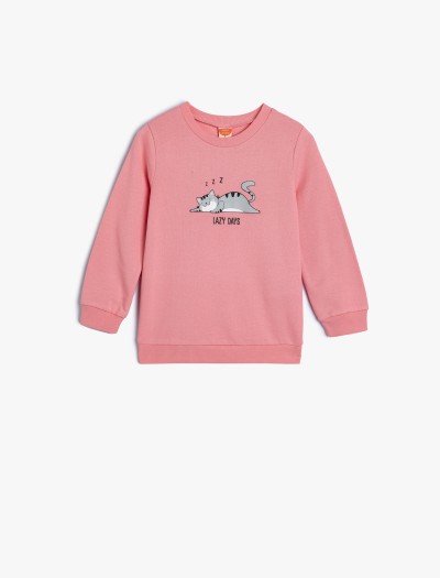 Koton Kız Bebek Sweatshirt Kedi Baskılı Bisiklet Yaka Pamuklu Şardonlu