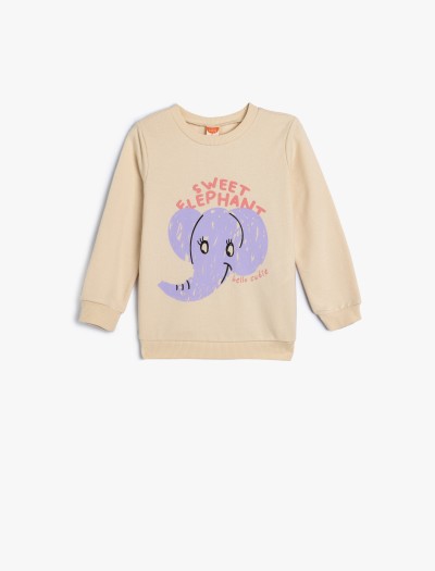 Koton Kız Bebek Sweatshirt Fil Baskılı Bisiklet Yaka Pamuklu Şardonlu