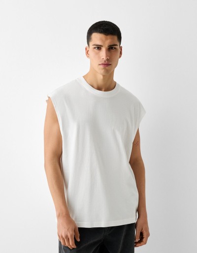 Bershka Kolsuz Oversize T-shirt Erkek M Kirli Beyaz