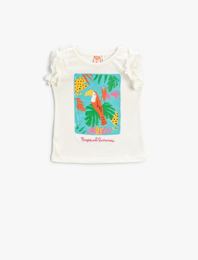 Koton Kız Bebek Kolları Fırfırlı T-shirt Papağan Baskılı İşlemeli Pamuklu
