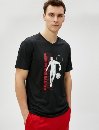 Koton Erkek Spor T-shirt Basketbol Baskılı V Yaka Kısa Kollu