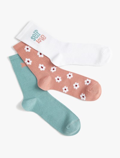 Koton Kadın Çiçekli 3’lü Soket Çorap Seti Slogan İşlemeli Çok Renkli