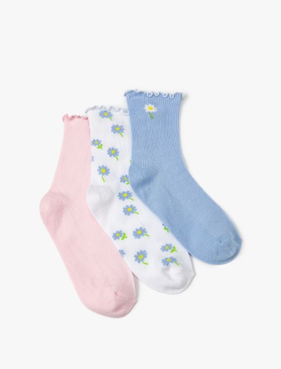 Koton Kadın Çiçekli 3’lü Soket Çorap Seti Fırfır Detaylı Çok Renkli