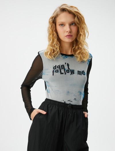 Koton Kadın Tül T-shirt Batik Desenli Slogan Baskılı Uzun Kollu Bisiklet Yaka