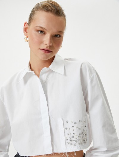 Koton Kadın Crop Taşlı Gömlek Uzun Kollu Pamuklu – El Emeği Koleksiyonu