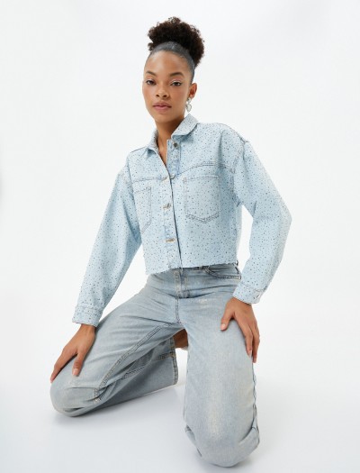Koton Kadın Taşlı Kot Ceket Aplike Cep Detaylı Rahat Kesim Gömlek Yaka Pamuklu
