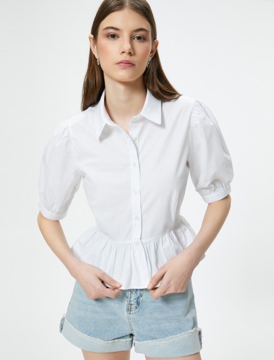 Koton Kadın Kısa Balon Kol Bluz Fırfırlı Gömlek Yaka Düğme Kapamalı Pamuklu