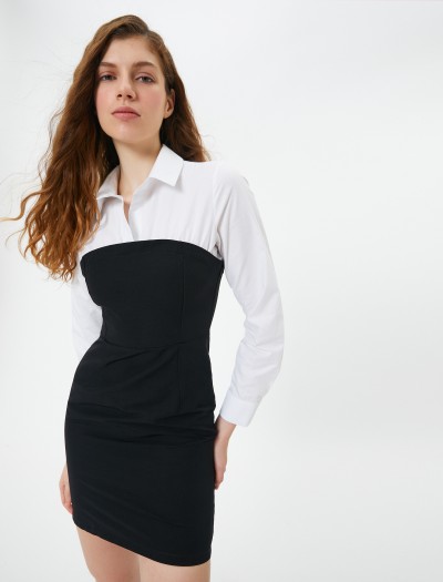 Koton Kadın Gömlek Detaylı Mini Straplez Elbise Slim Fit Uzun Kollu