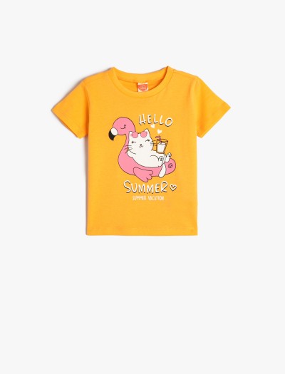 Koton Kız Bebek T-shirt Kısa Kollu Bisiklet Yaka Kedi Baskılı Cep Detaylı Pamuklu