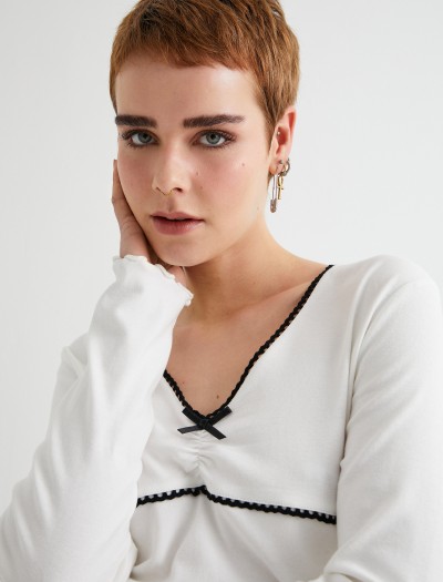 Koton Kadın V Yaka T-shirt Uzun Kollu Fiyonk Ve Drape Detaylı Pamuklu