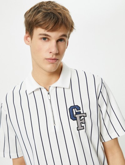 Koton Erkek Yarım Fermuarlı Polo T-shirt Kolej İşlemeli Kısa Kollu
