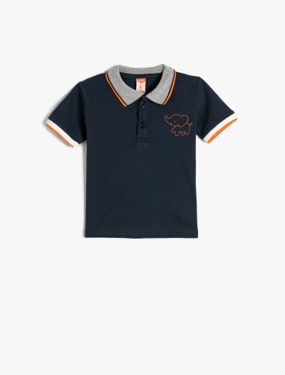 Koton Erkek Bebek Polo Yaka T-shirt Fil İşlemeli Düğmeli Kısa Kollu Pamuklu