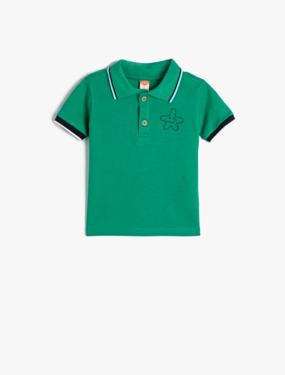 Koton Erkek Bebek Polo Yaka T-shirt Yıldız İşlemeli Düğmeli Kısa Kollu Pamuklu